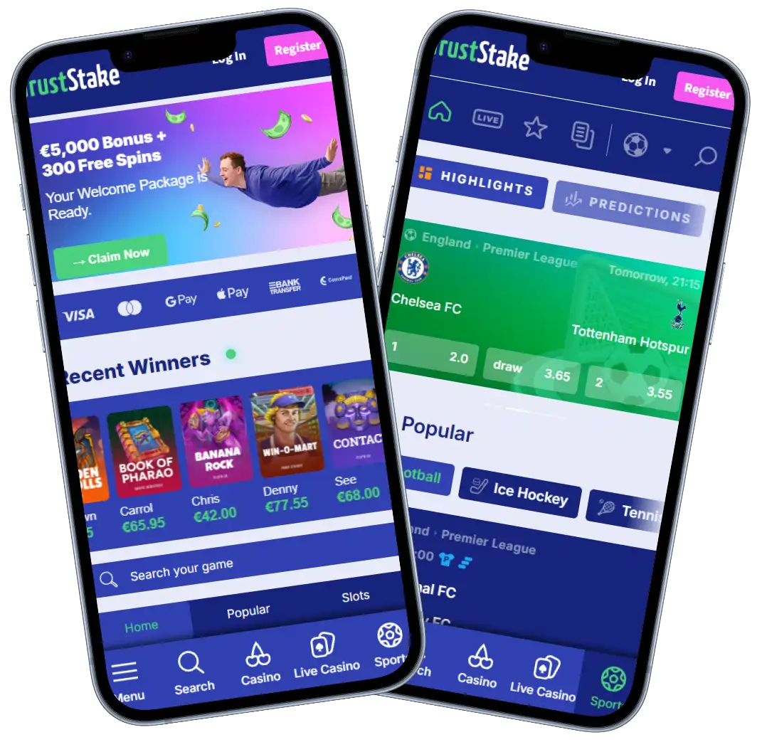 TrustStake Casino mobile sportsbook and slot games on smartphone screens