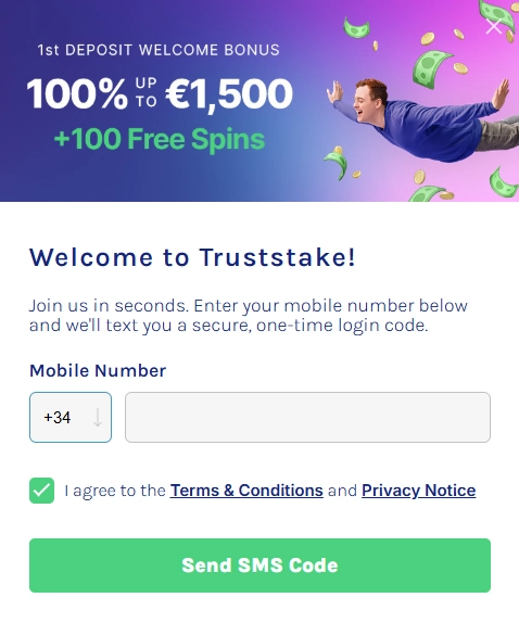 TrustStake Casino registration page with €1500 welcome bonus and SMS login